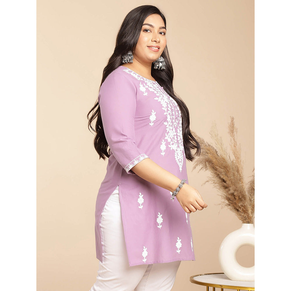 Janasya Women Lavender Cotton Thread Work Embroidered Kurti