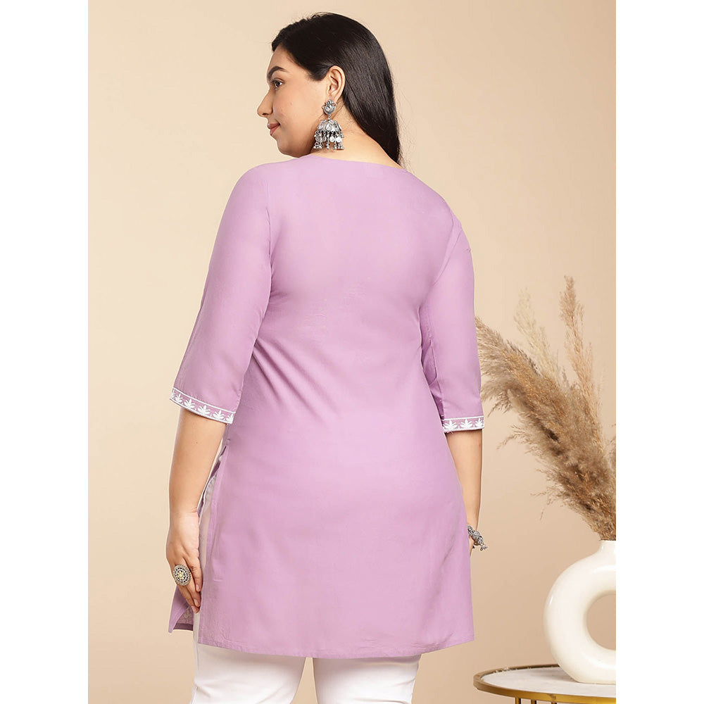 Janasya Women Lavender Cotton Thread Work Embroidered Kurti