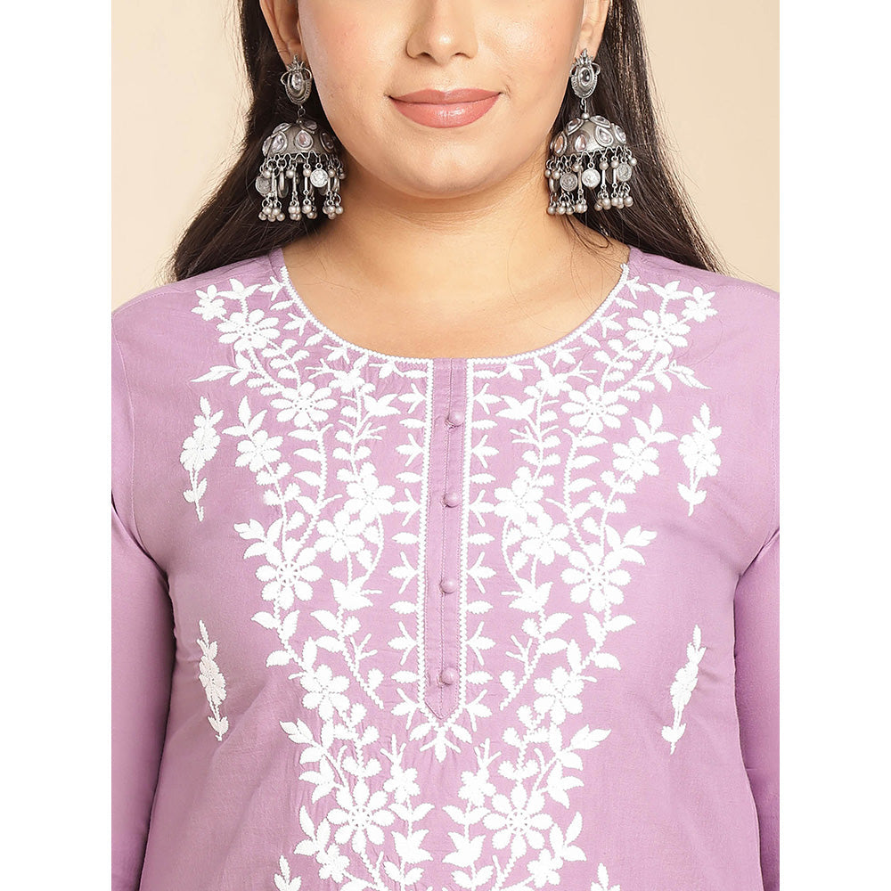 Janasya Women Lavender Cotton Thread Work Embroidered Kurti