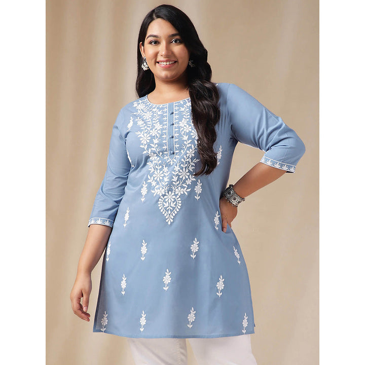 Janasya Women Blue Cotton Thread Work Embroidered Kurti