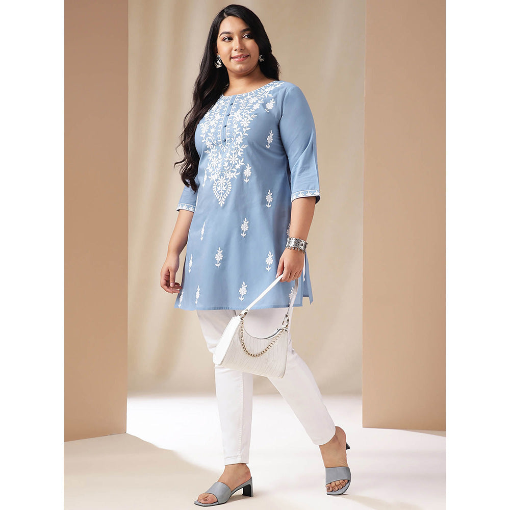 Janasya Women Blue Cotton Thread Work Embroidered Kurti