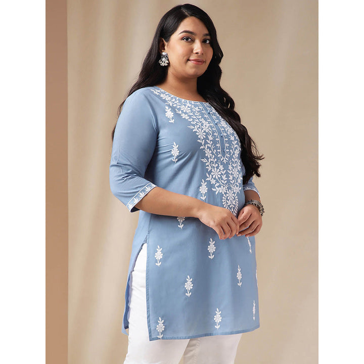 Janasya Women Blue Cotton Thread Work Embroidered Kurti