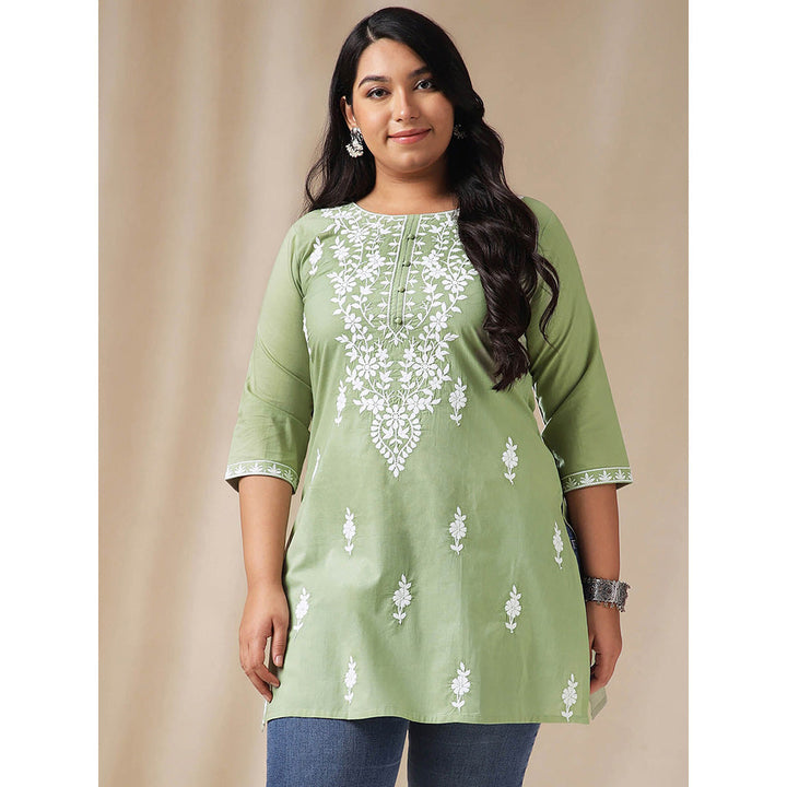 Janasya Women Green Cotton Thread Work Embroidered Kurti