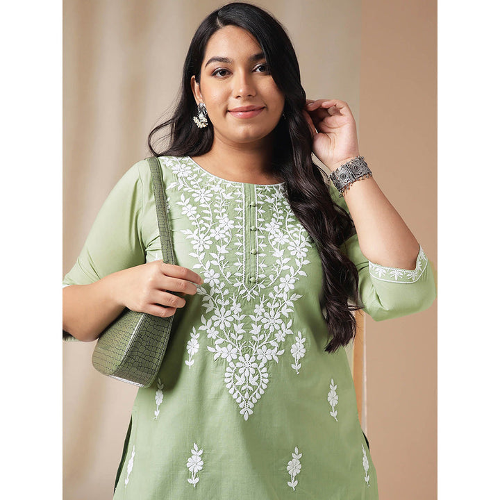 Janasya Women Green Cotton Thread Work Embroidered Kurti