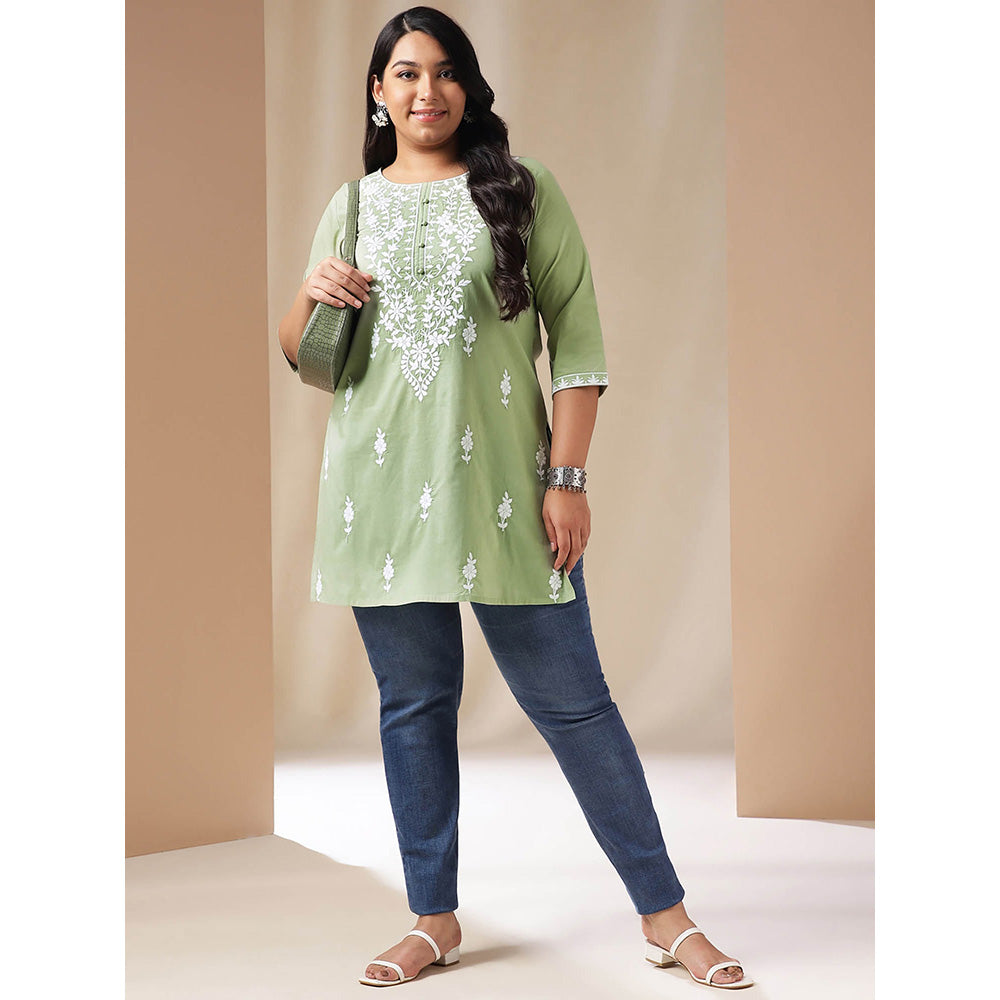 Janasya Women Green Cotton Thread Work Embroidered Kurti