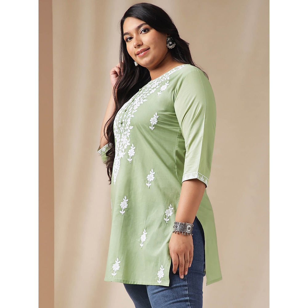 Janasya Women Green Cotton Thread Work Embroidered Kurti