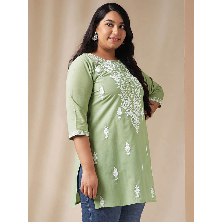 Janasya Women Green Cotton Thread Work Embroidered Kurti