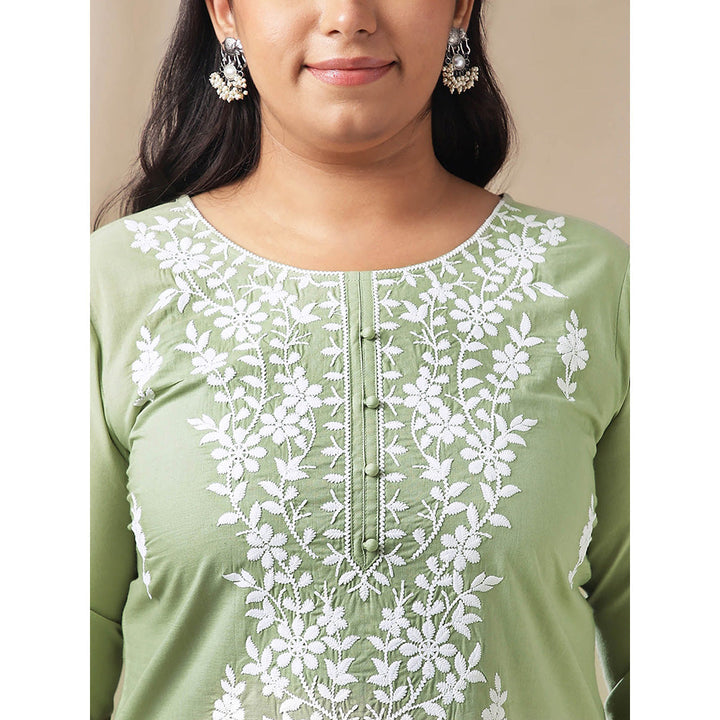 Janasya Women Green Cotton Thread Work Embroidered Kurti