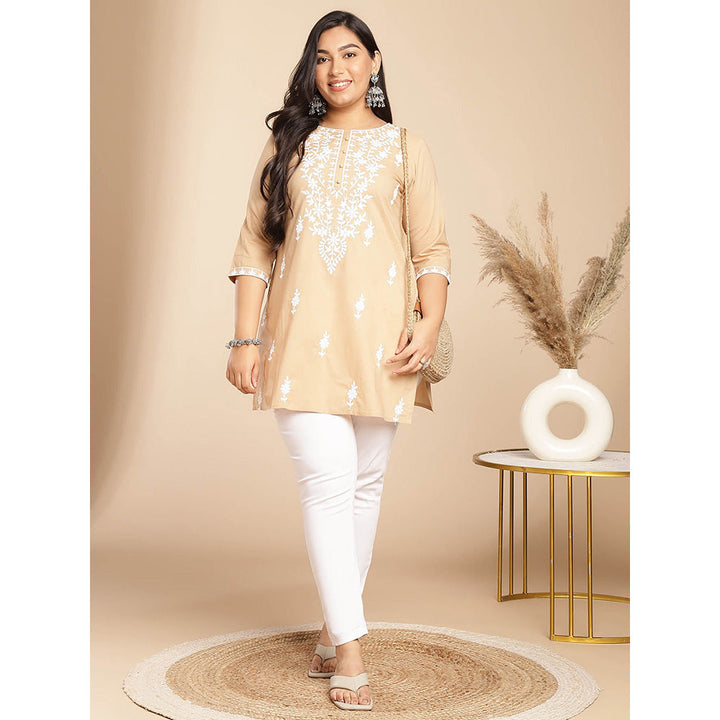 Janasya Women Cream Cotton Thread Work Embroidered Kurti