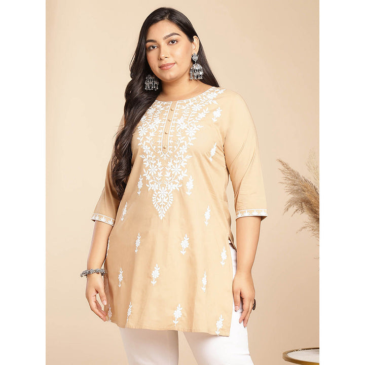 Janasya Women Cream Cotton Thread Work Embroidered Kurti