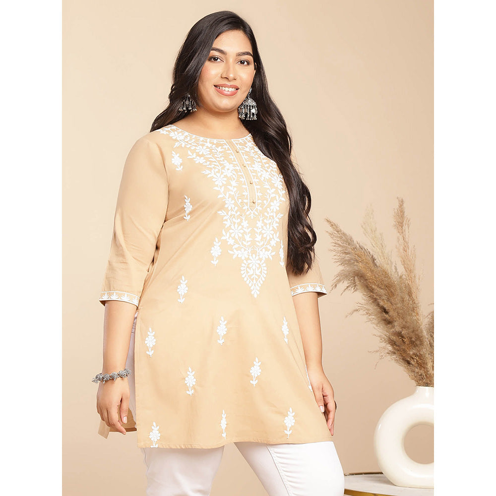 Janasya Women Cream Cotton Thread Work Embroidered Kurti