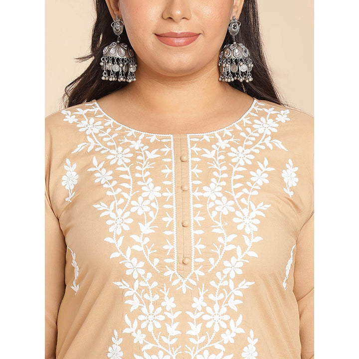 Janasya Women Cream Cotton Thread Work Embroidered Kurti