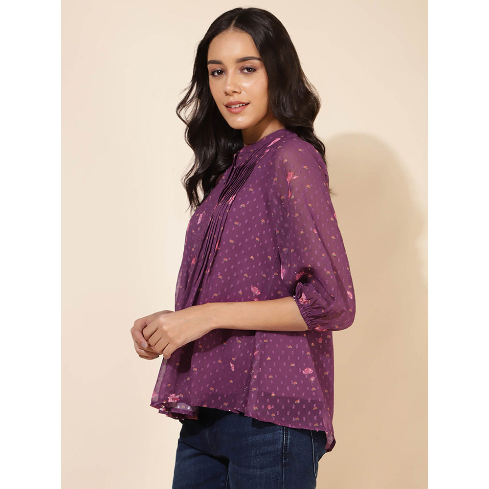 Janasya Women Purple Georgette Floral Printed Top