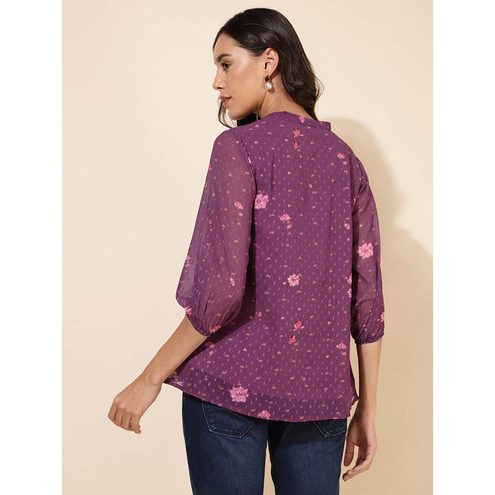 Janasya Women Purple Georgette Floral Printed Top