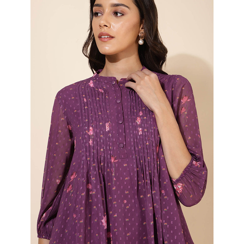 Janasya Women Purple Georgette Floral Printed Top