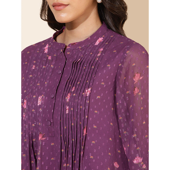 Janasya Women Purple Georgette Floral Printed Top