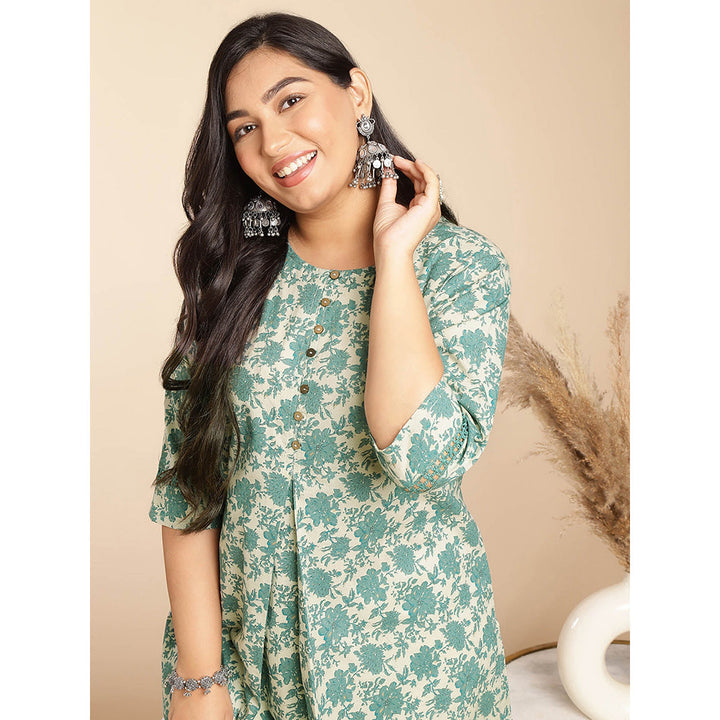 Janasya Women Green Cotton Floral Printed Tunic