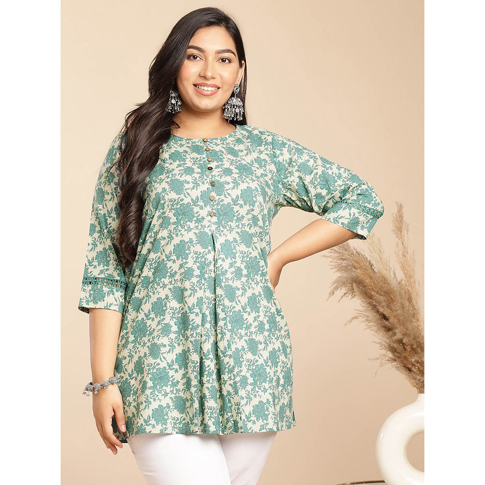 Janasya Women Green Cotton Floral Printed Tunic