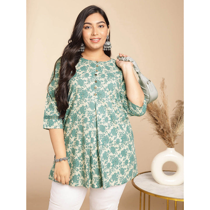 Janasya Women Green Cotton Floral Printed Tunic