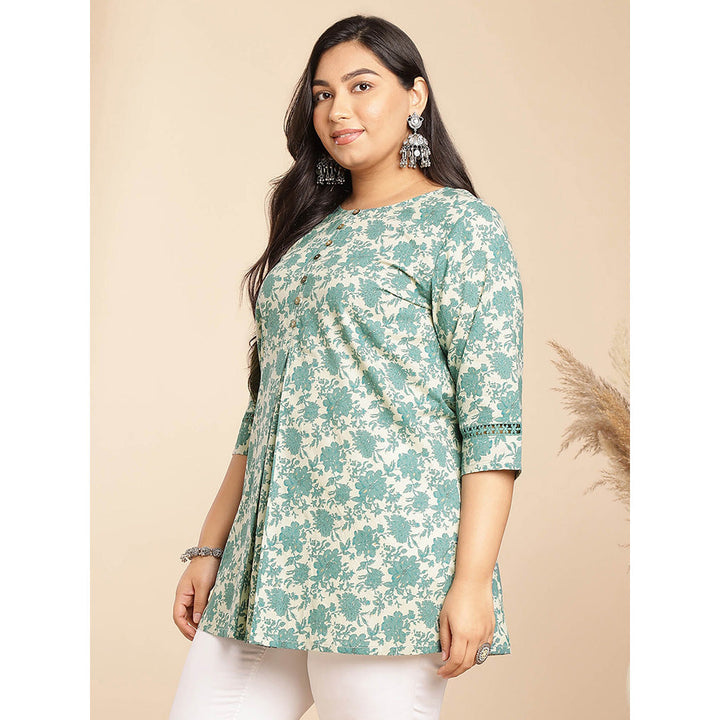 Janasya Women Green Cotton Floral Printed Tunic