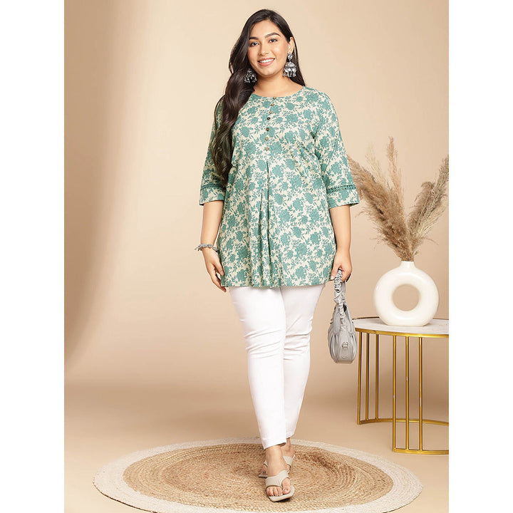 Janasya Women Green Cotton Floral Printed Tunic