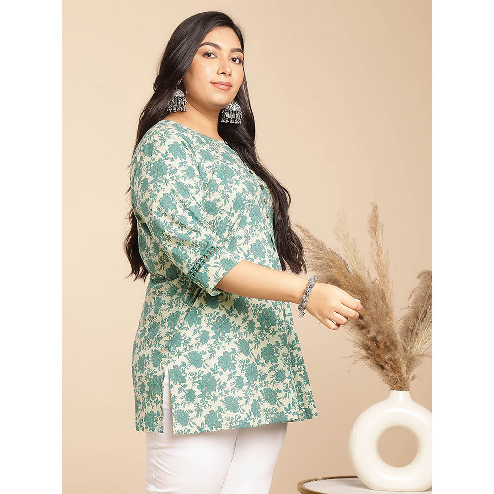 Janasya Women Green Cotton Floral Printed Tunic