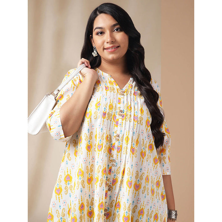 Janasya Women Off White Cotton Pleated Printed Tunic