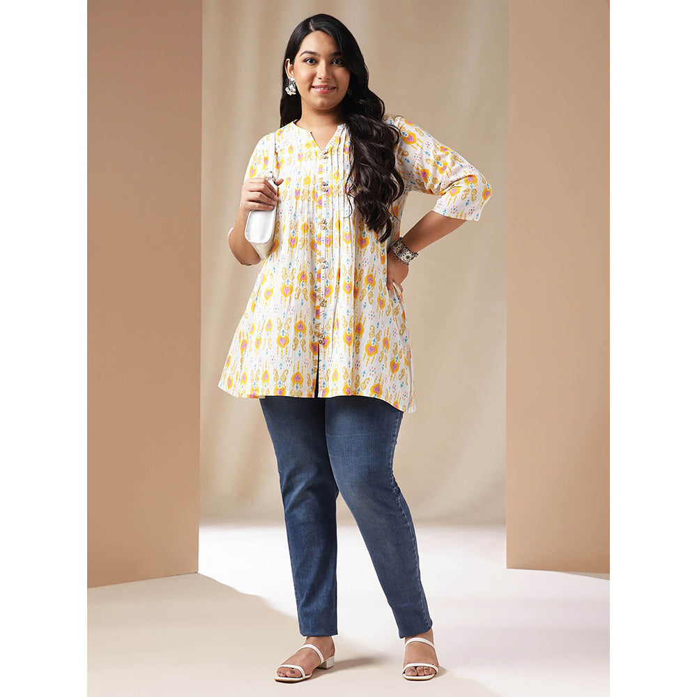 Janasya Women Off White Cotton Pleated Printed Tunic