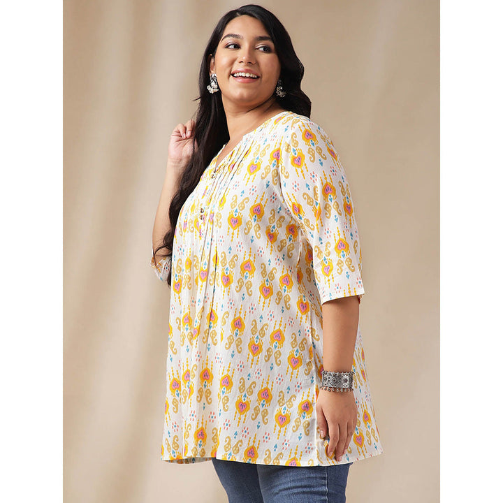 Janasya Women Off White Cotton Pleated Printed Tunic