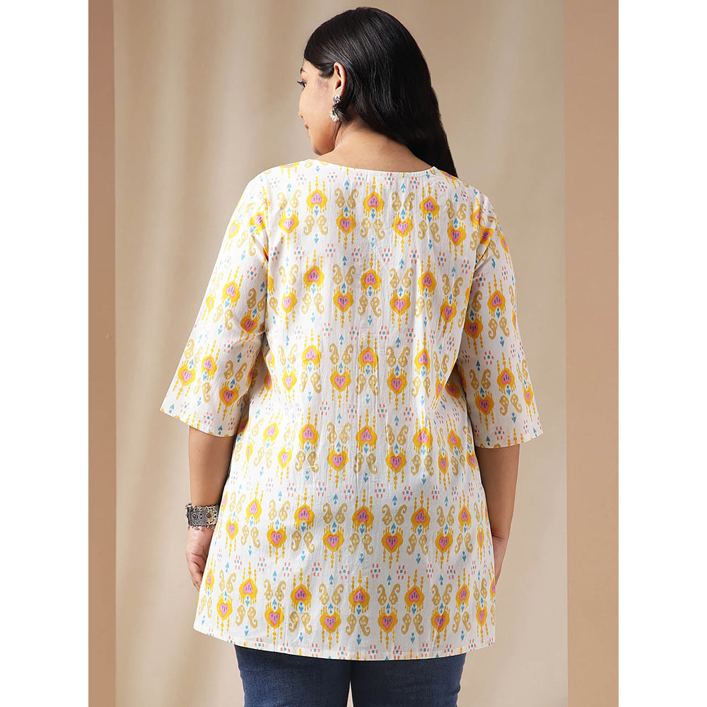 Janasya Women Off White Cotton Pleated Printed Tunic