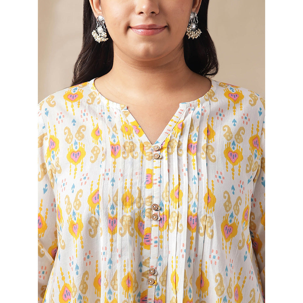 Janasya Women Off White Cotton Pleated Printed Tunic