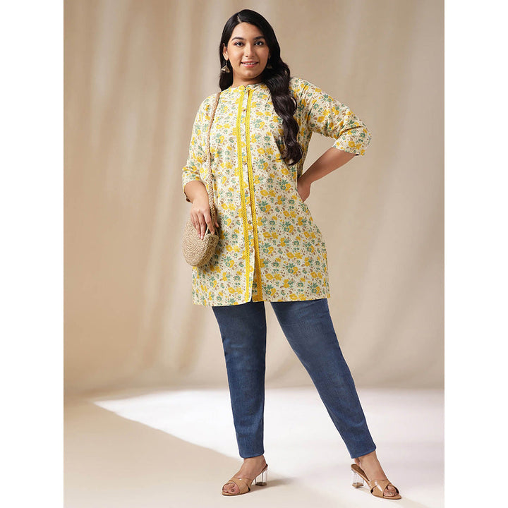 Janasya Women White Cotton Floral Printed Tunic