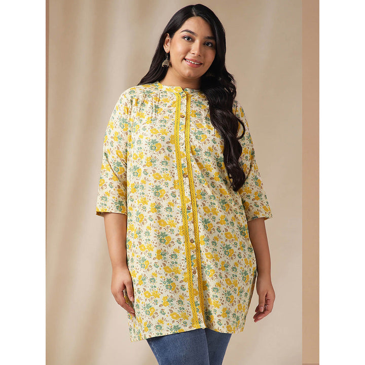 Janasya Women White Cotton Floral Printed Tunic