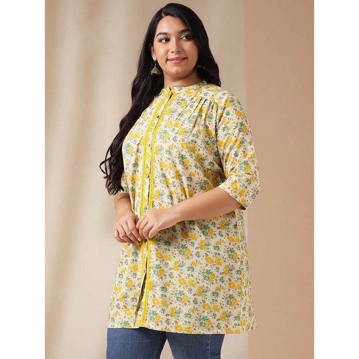 Janasya Women White Cotton Floral Printed Tunic