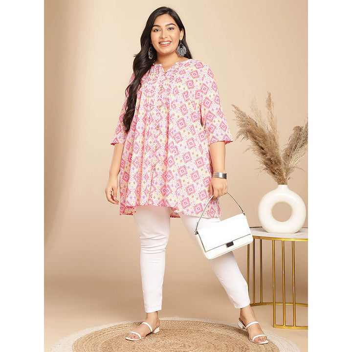 Janasya Women Pink Cotton Pleated Printed Tunic