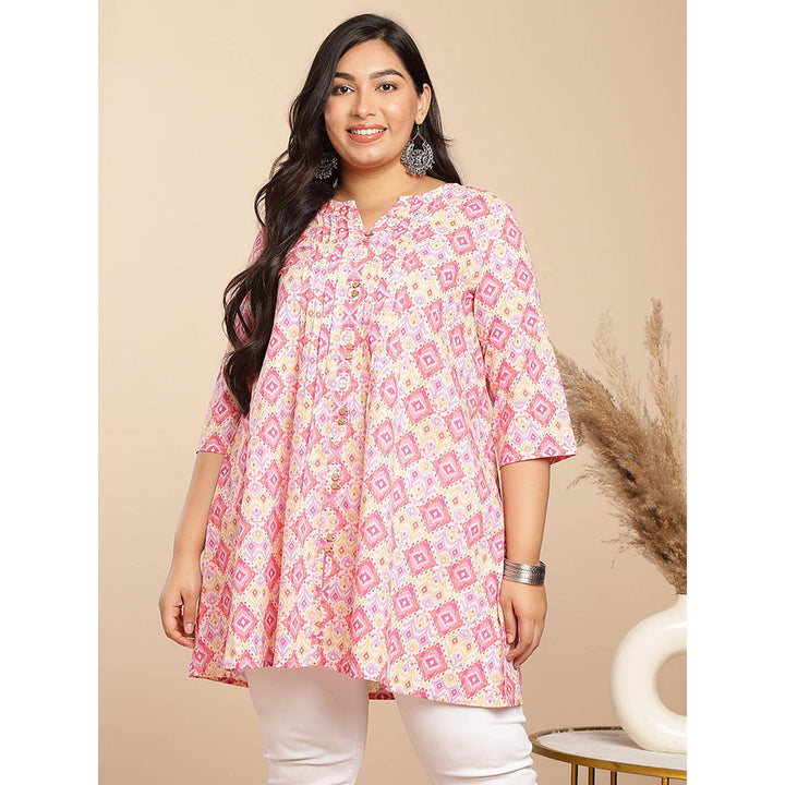 Janasya Women Pink Cotton Pleated Printed Tunic