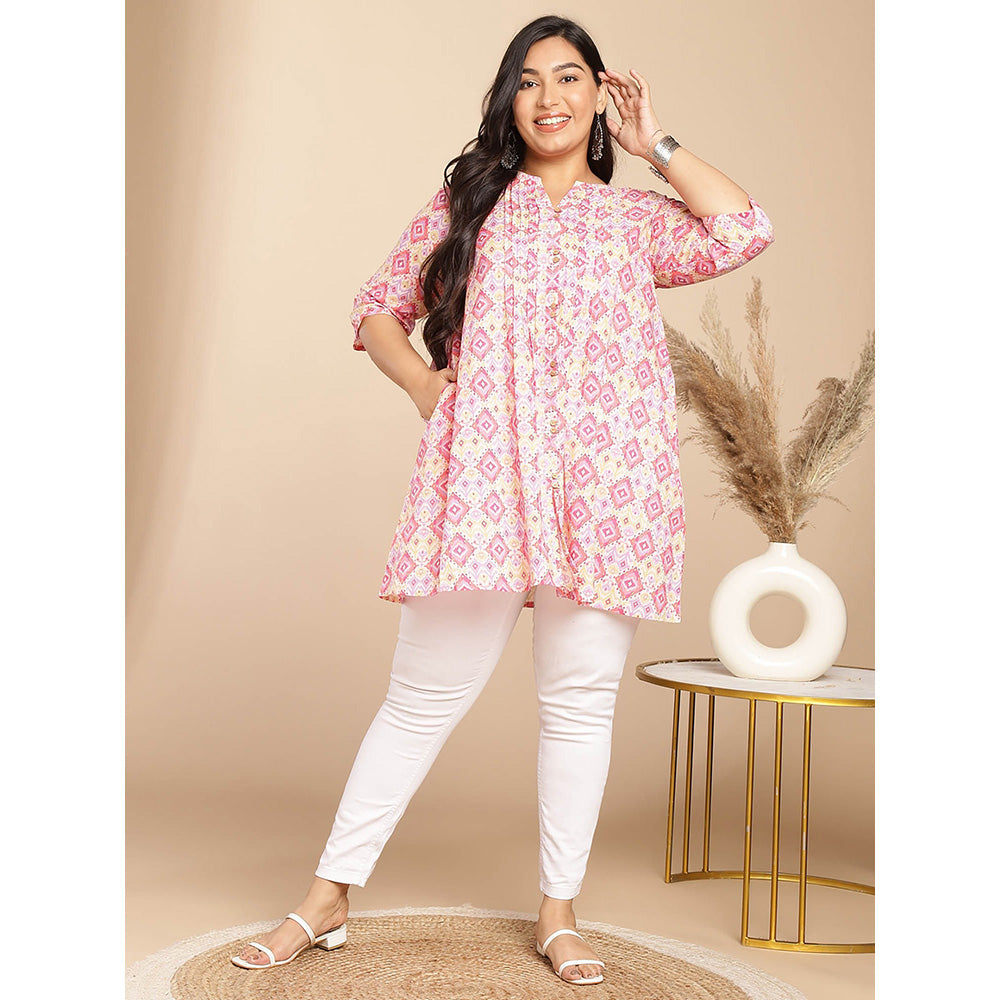 Janasya Women Pink Cotton Pleated Printed Tunic