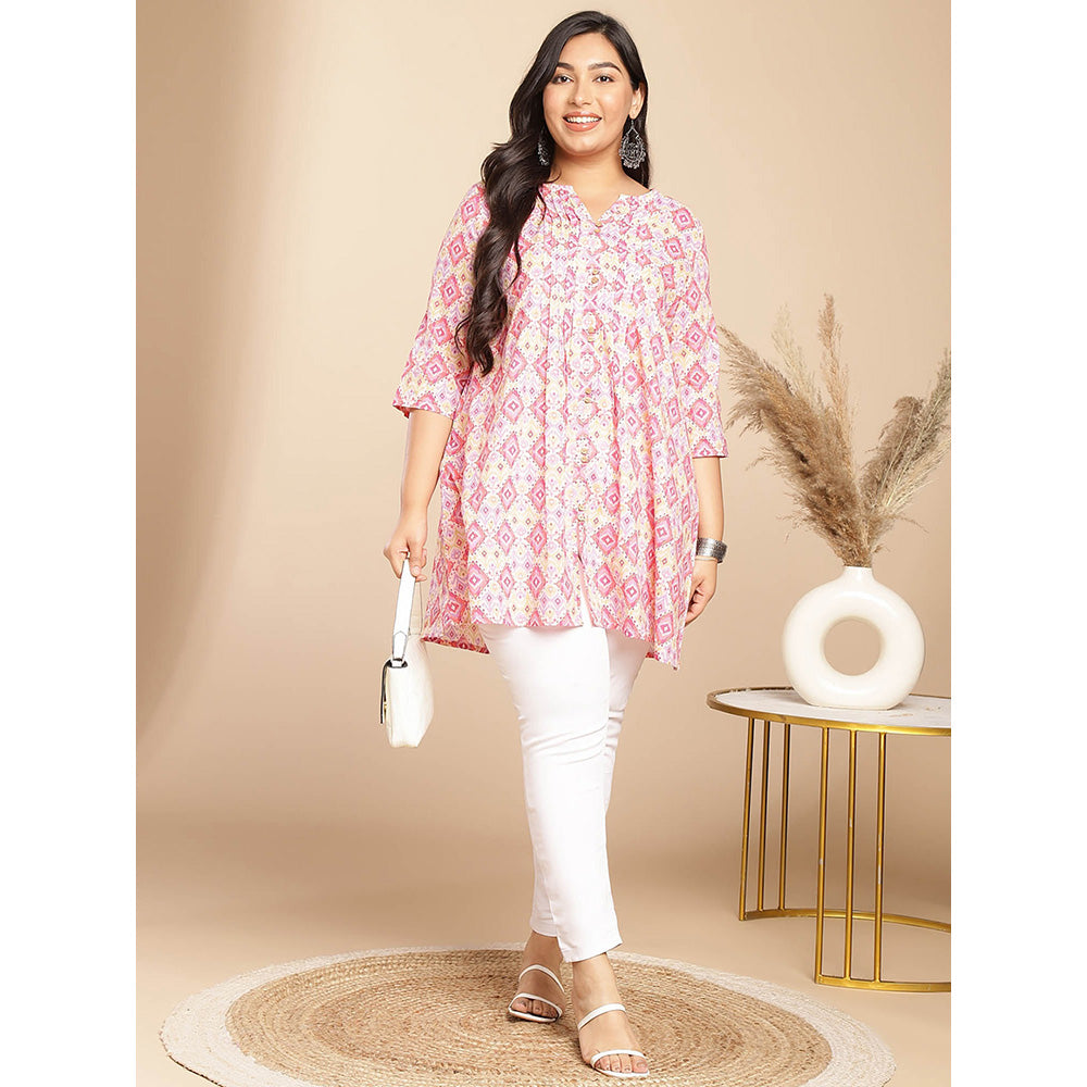 Janasya Women Pink Cotton Pleated Printed Tunic