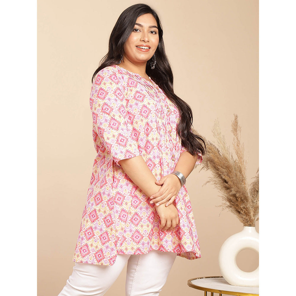 Janasya Women Pink Cotton Pleated Printed Tunic