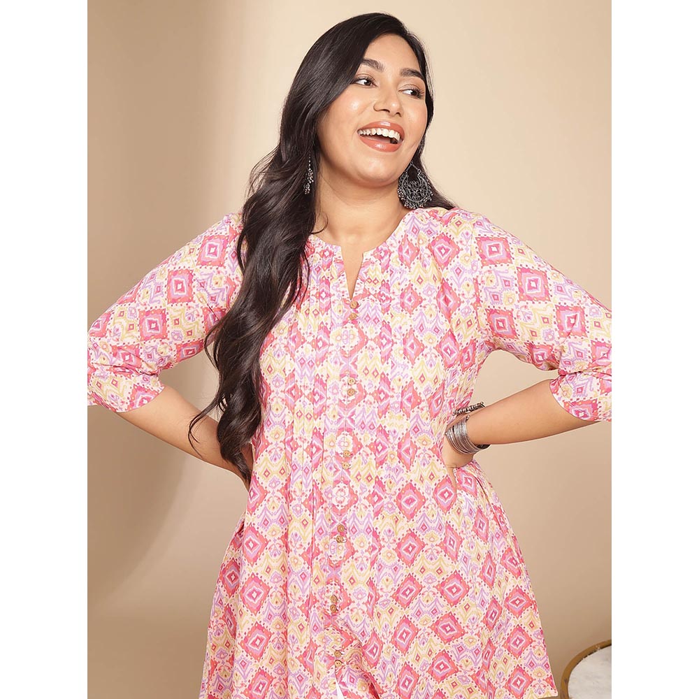 Janasya Women Pink Cotton Pleated Printed Tunic