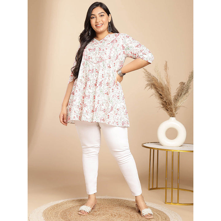 Janasya Women White Cotton Floral Printed Tunic