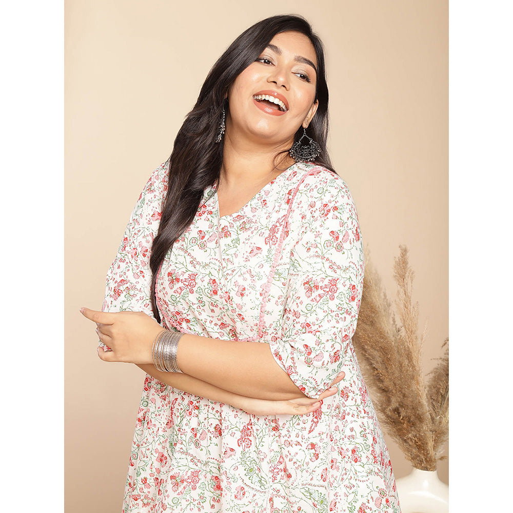 Janasya Women White Cotton Floral Printed Tunic