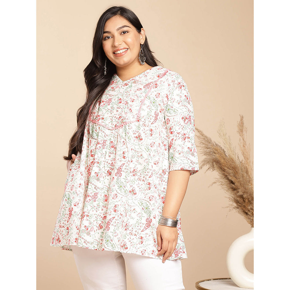 Janasya Women White Cotton Floral Printed Tunic