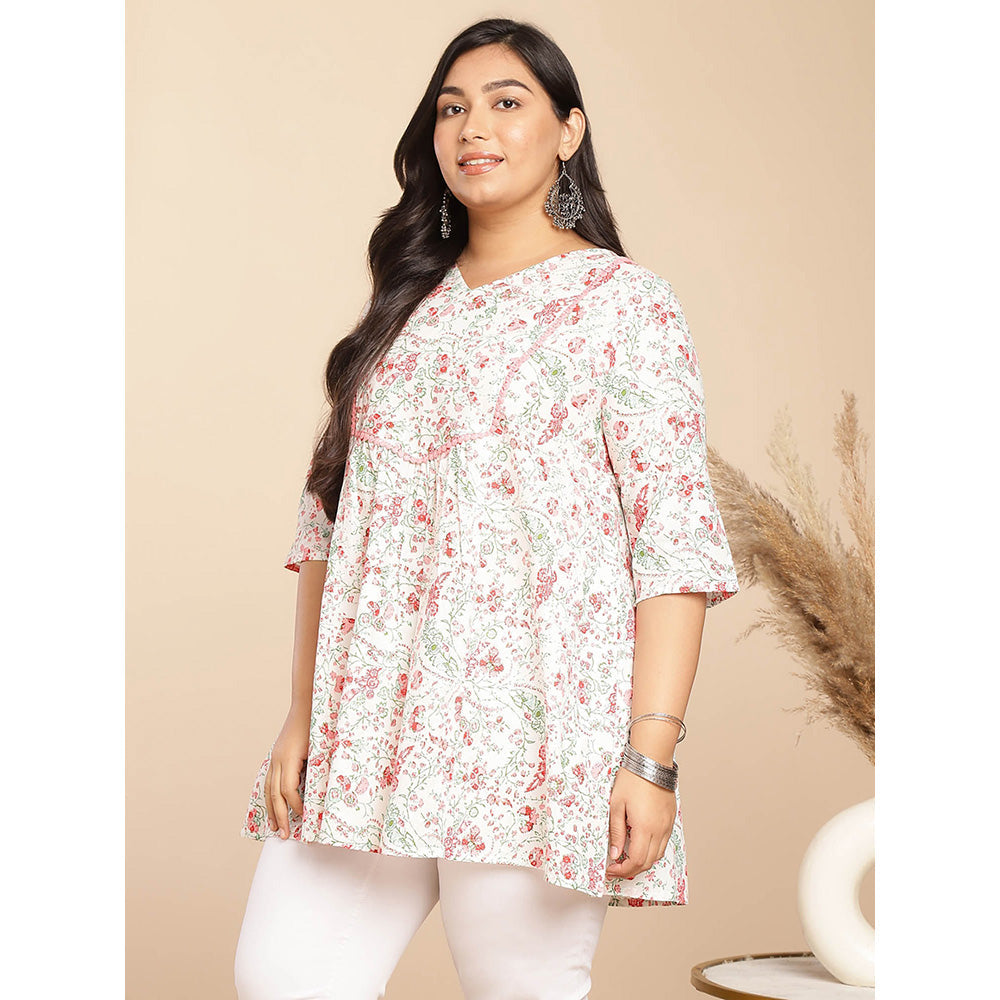 Janasya Women White Cotton Floral Printed Tunic