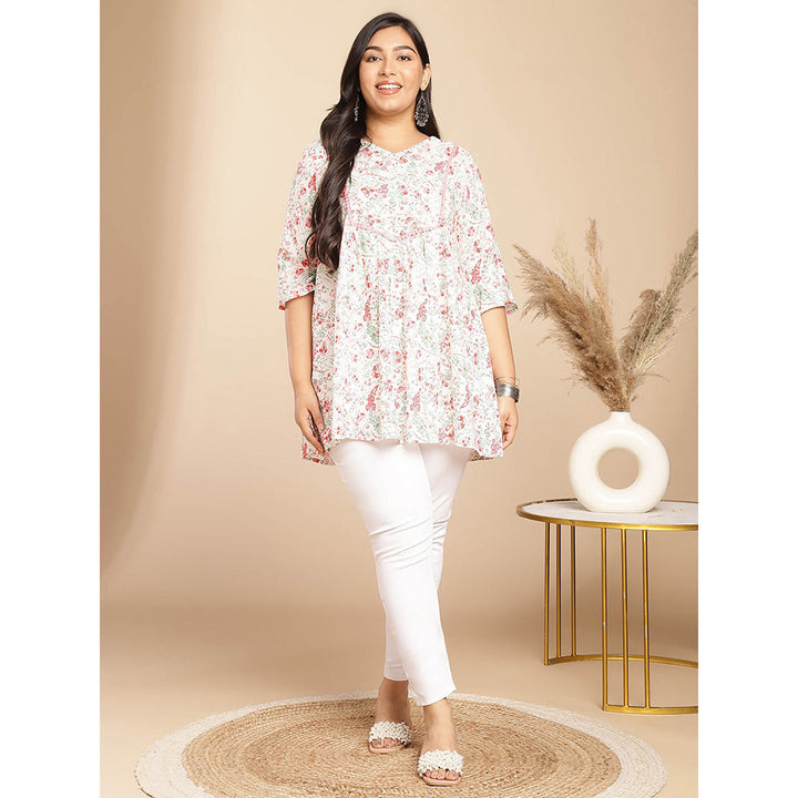 Janasya Women White Cotton Floral Printed Tunic