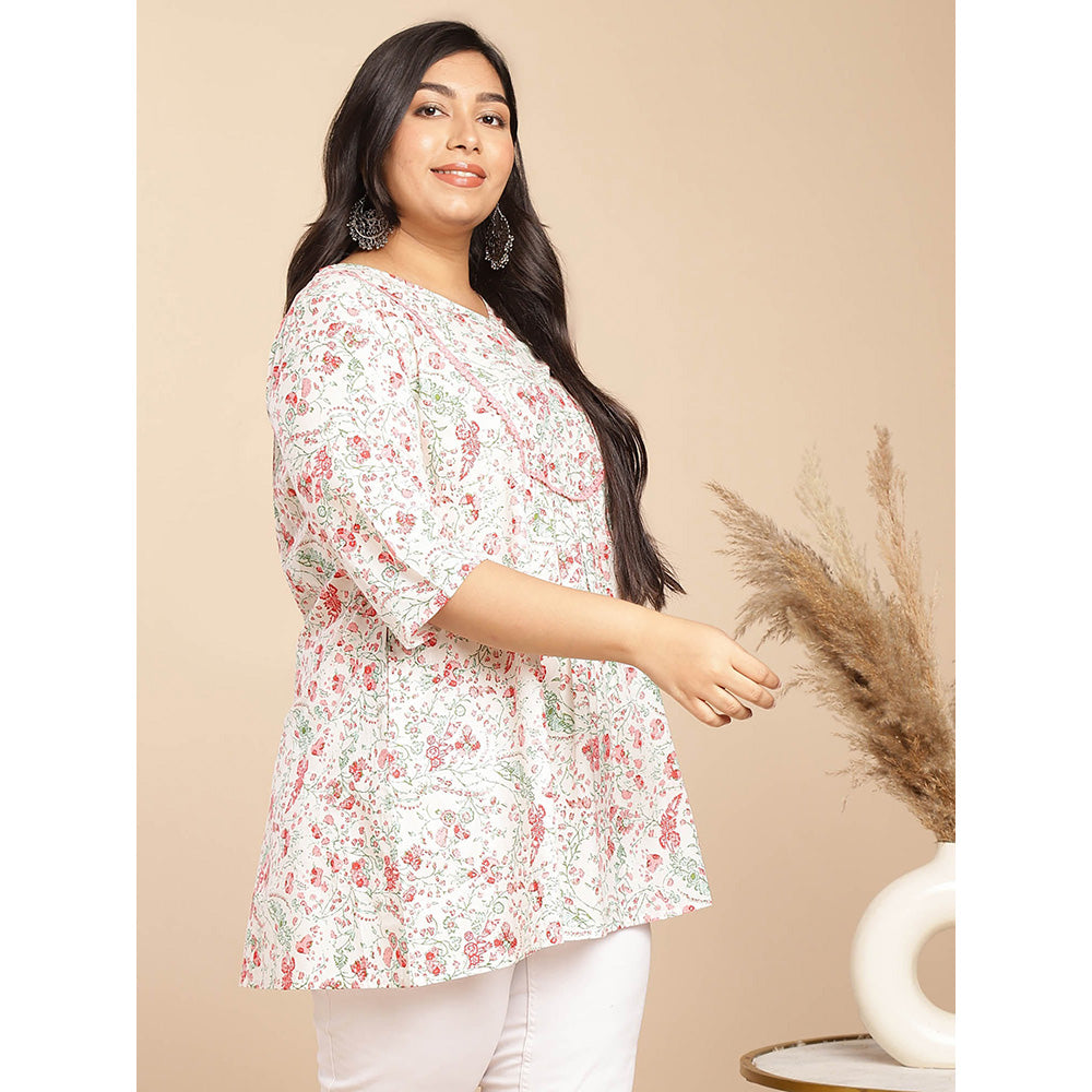 Janasya Women White Cotton Floral Printed Tunic