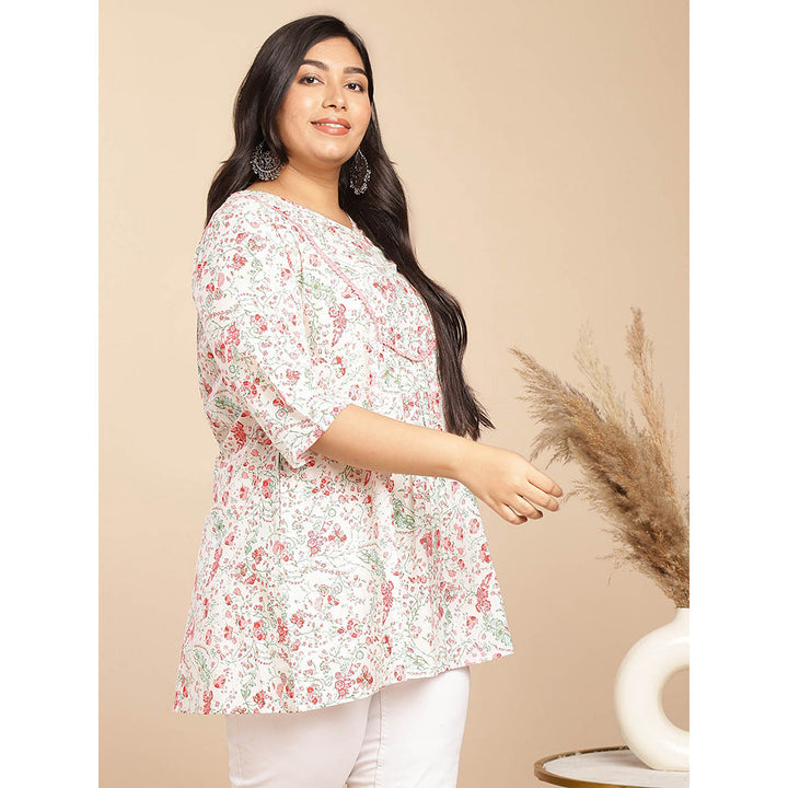 Janasya Women White Cotton Floral Printed Tunic