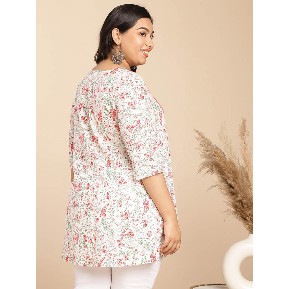 Janasya Women White Cotton Floral Printed Tunic