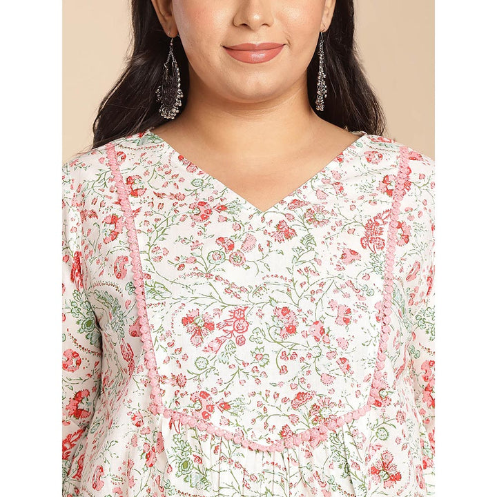 Janasya Women White Cotton Floral Printed Tunic