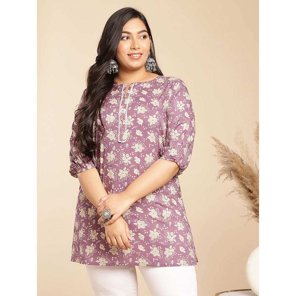 Janasya Women Purple Cotton Floral Printed Tunic